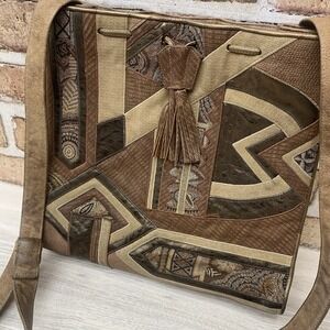 VTG 80s Sharif Patchwork Bag Beige Brown‎ Leather Fabric Shoulder Purse